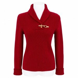 Lauren Ralph Lauren Red Ribbed Cotton Shawl‎ Collar Sweater Gold Clasp Womens M